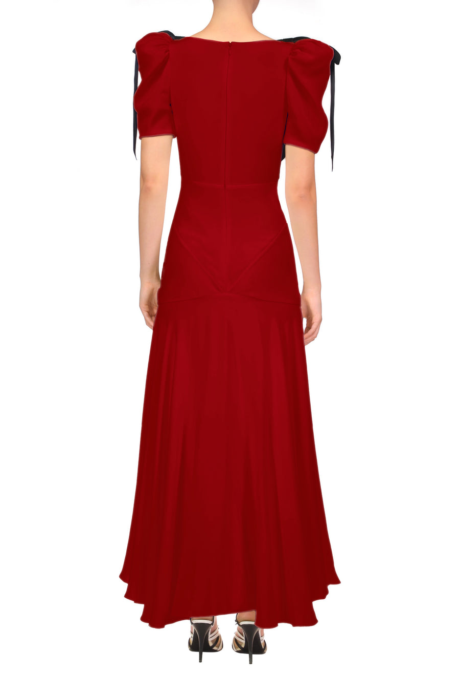 Crimson Silk Crepe Bias Dress With Velvet Ribbon Bow Details