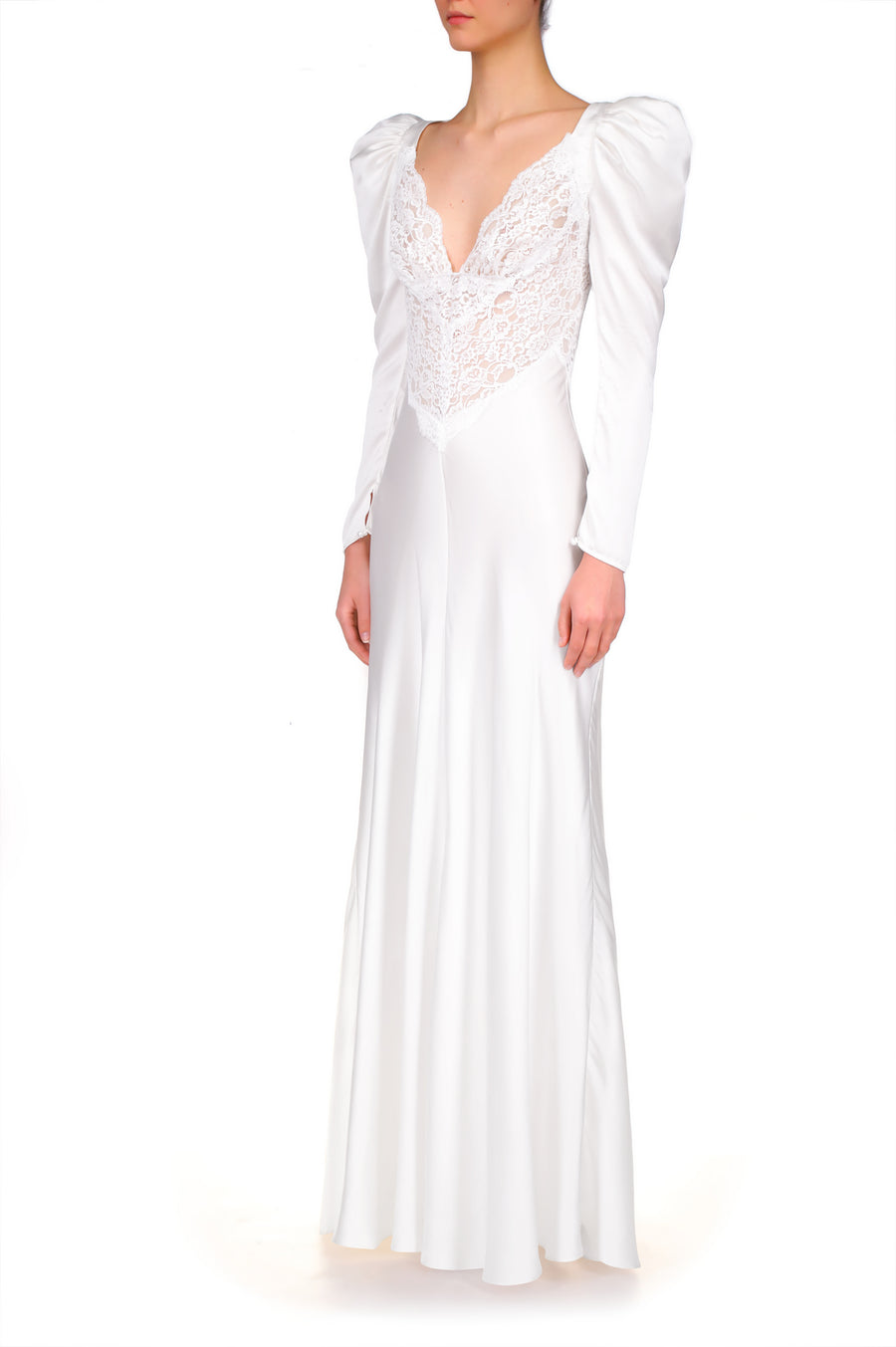 Off White Silk and Lace Long Sleeve Gown