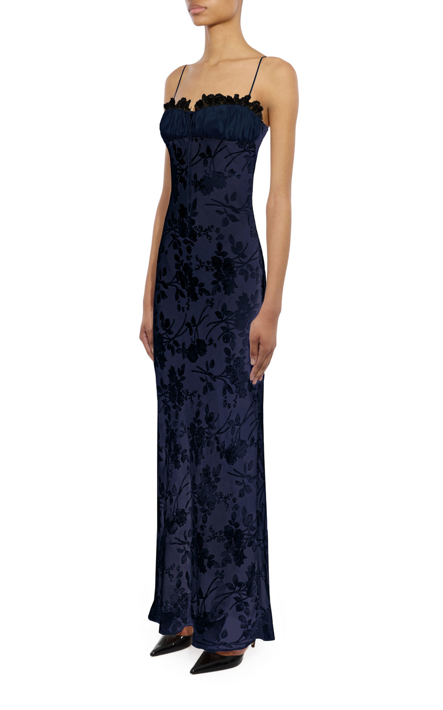 Navy Velvet Devoré and Lace Slip Gown With Silk Charmeuse Detail
