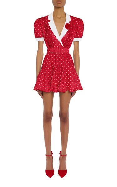 Red Heart And Polka Dot Print Silk Twill Collared Mini Dress With Belt – Rodarte