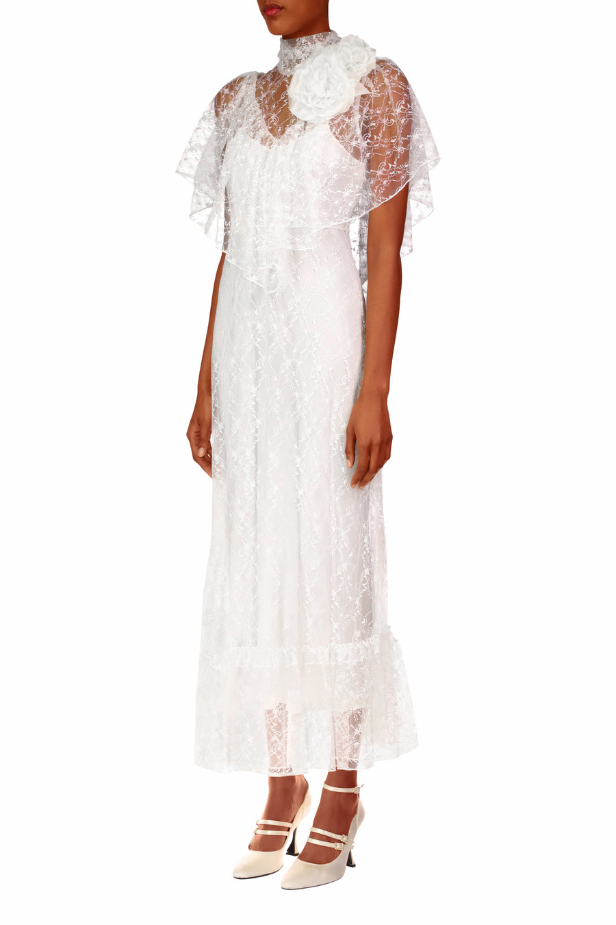 Off White Floral Lace And Silk Dress