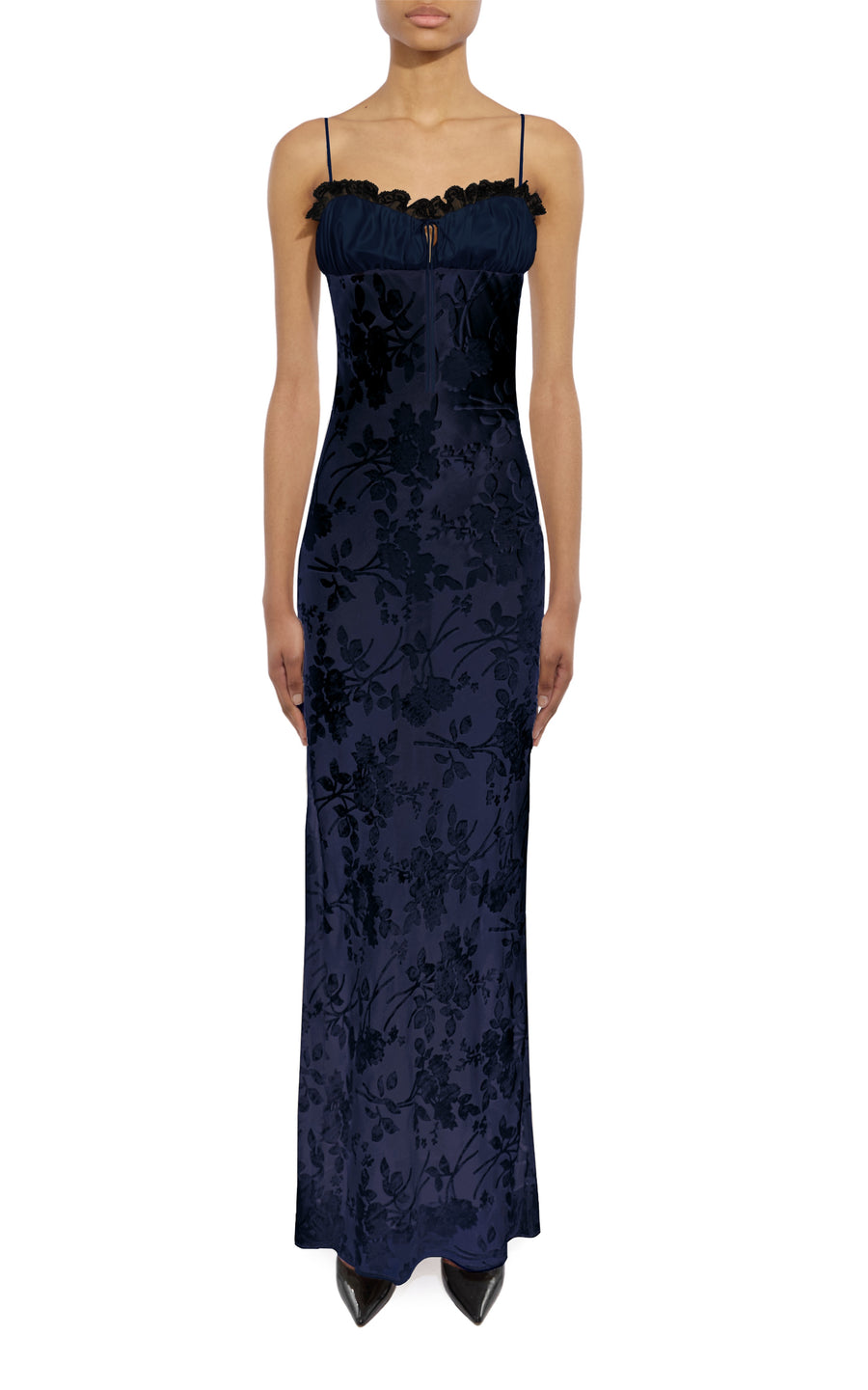 Navy Velvet Devoré and Lace Slip Gown With Silk Charmeuse Detail