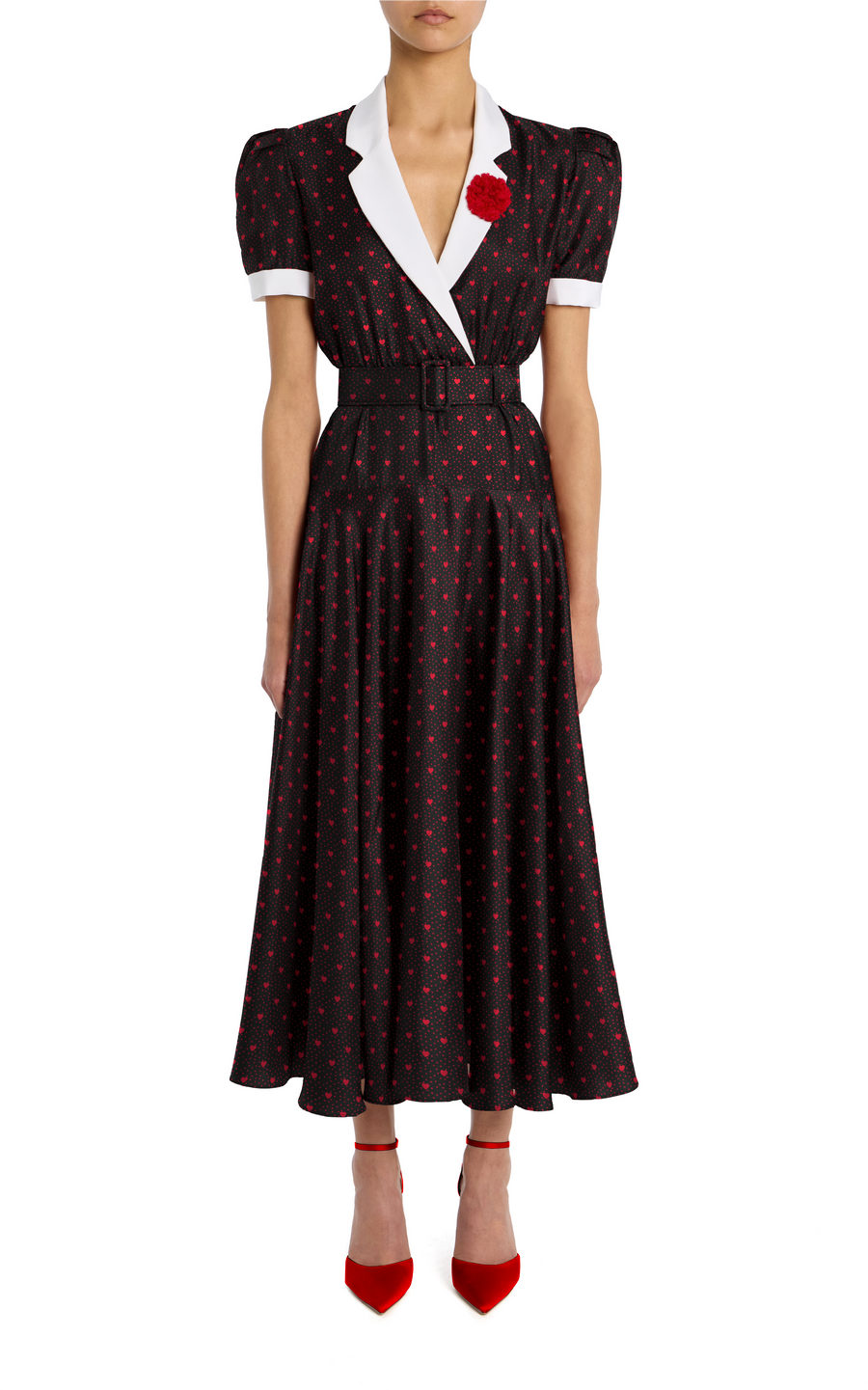 Heart Printed Silk Twill Collared Dress With Belt and Flower – Rodarte Heart Printed Silk Twill Collared Dress With Belt and Flower – Rodarte