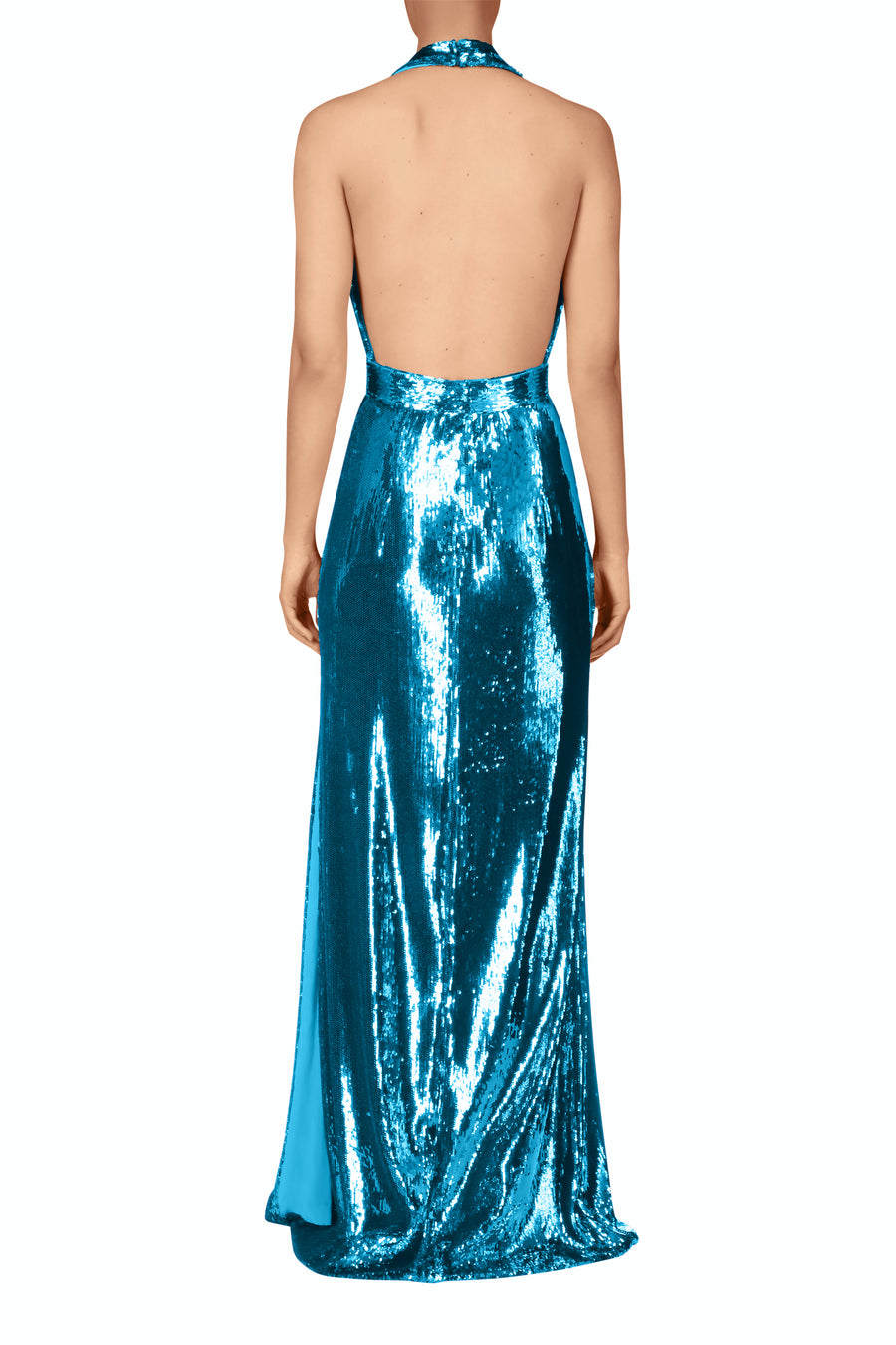 Teal Sequin Halter Gown With Sequin Flower Detail