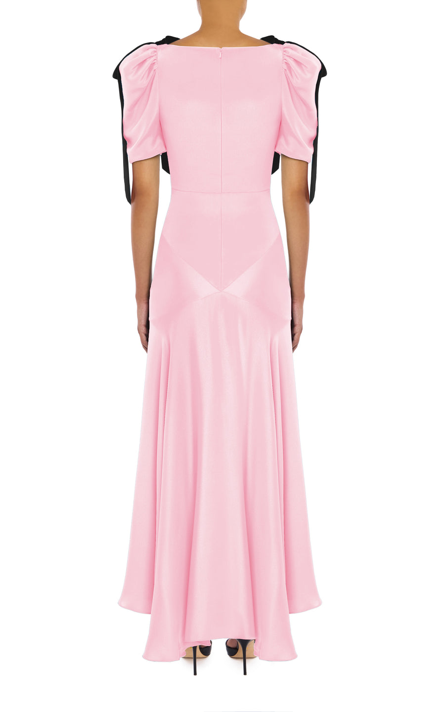 Pink Silk Crepe Bias Dress With Black Velvet Bow Detail – Rodarte
