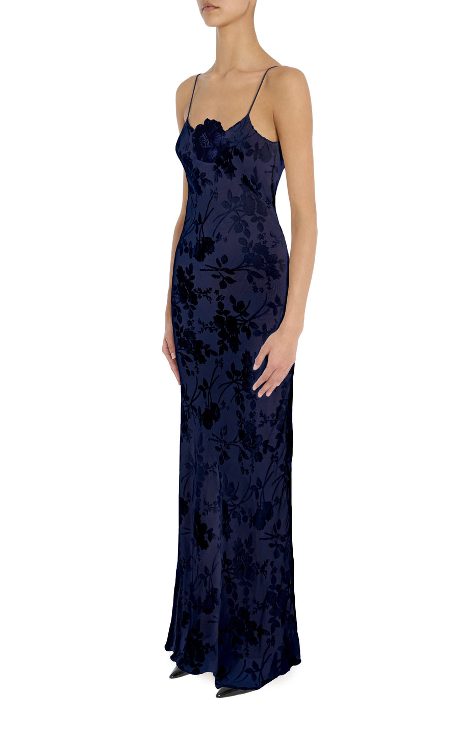 Navy Velvet Devoré Slip Gown With Silk Flower Pin