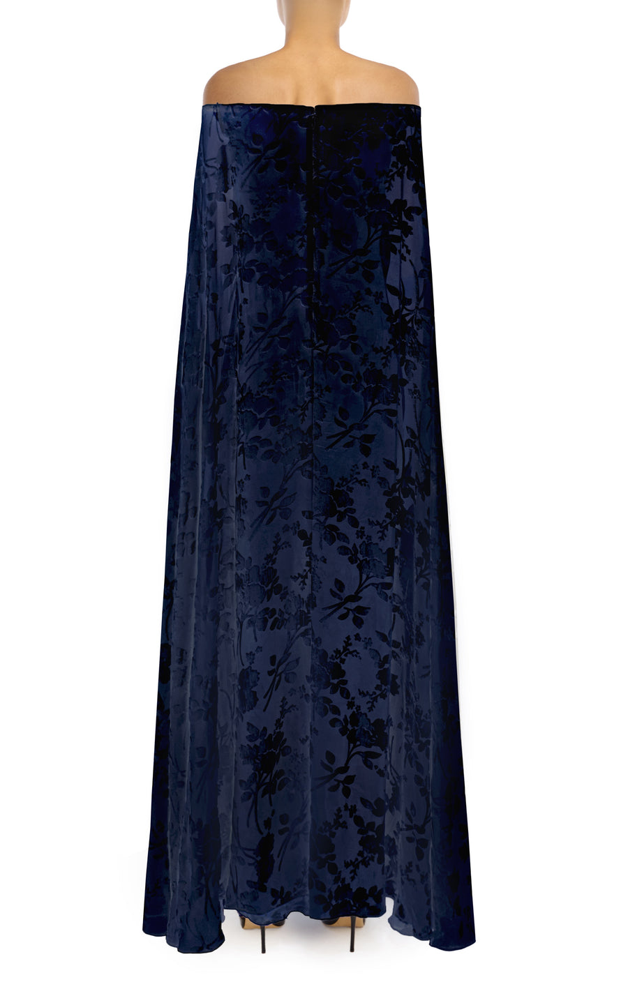 Navy Floral Velvet Devoré Off the Shoulder Cape Gown