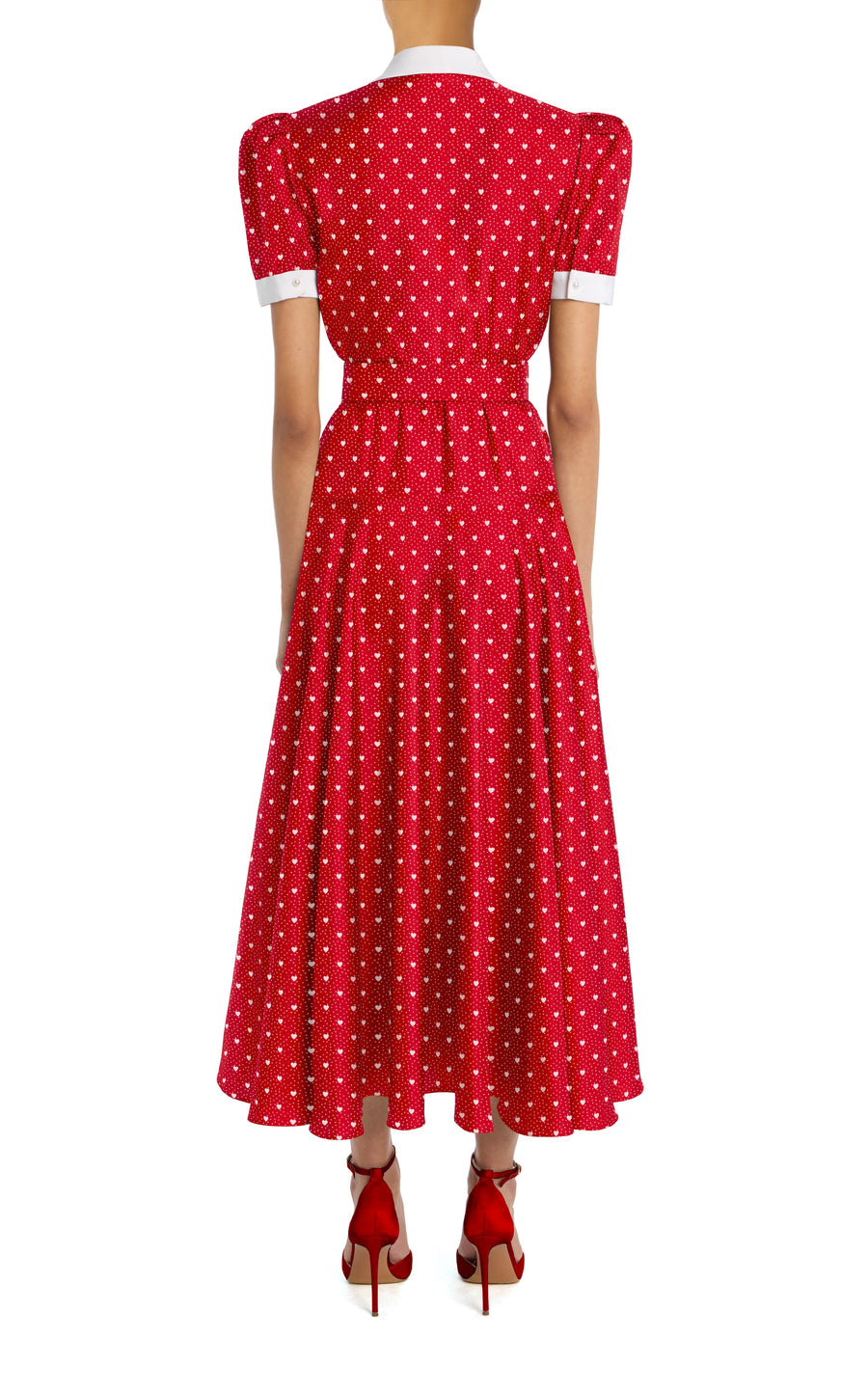 Heart Printed Silk Twill Collared Dress With Belt and Flower – Rodarte