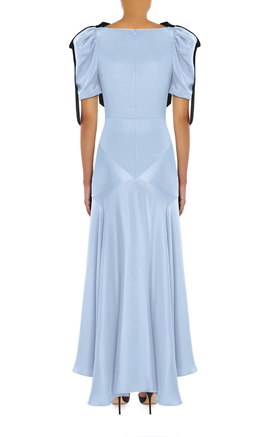 Blue Silk Crepe Bias Dress With Black Velvet Bow Detail – Rodarte