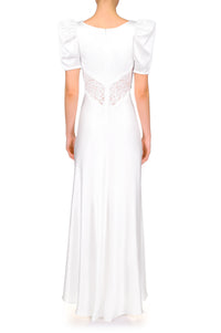 Off White Silk Satin Short Sleeve Dress With Lace Details – Rodarte