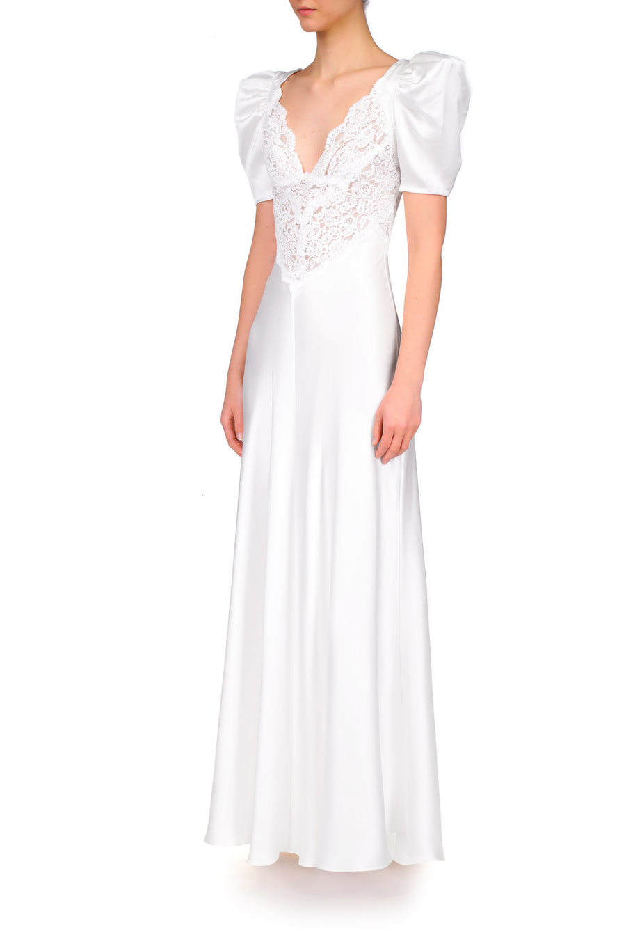 Off White Silk Satin Short Sleeve Gown With Lace Details