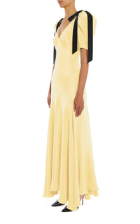 yellow dress with bow Yellow Silk Crepe Bias Dress With Black Velvet Bow Detail – Rodarte