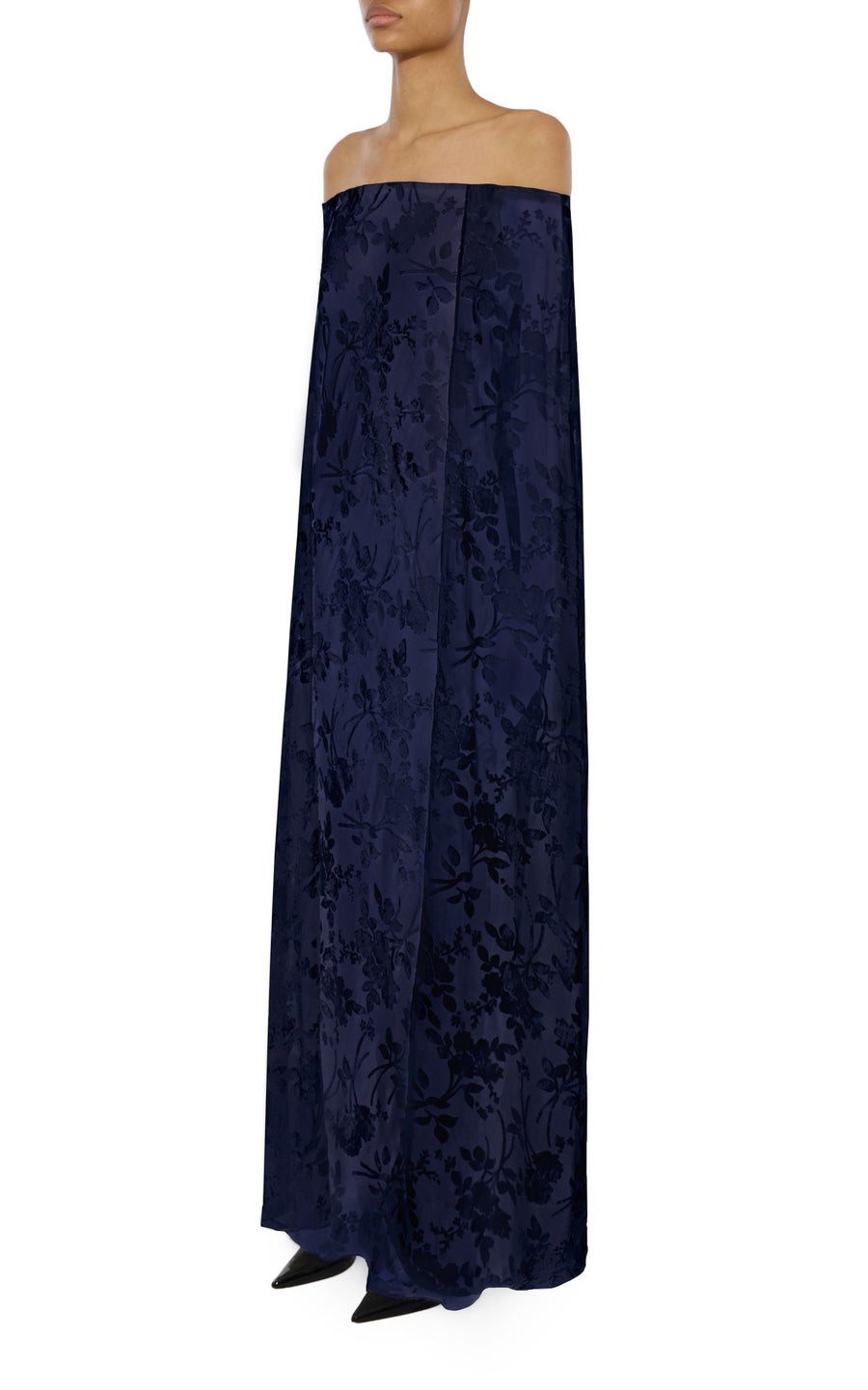 Navy Floral Velvet Devoré Off the Shoulder Cape Gown