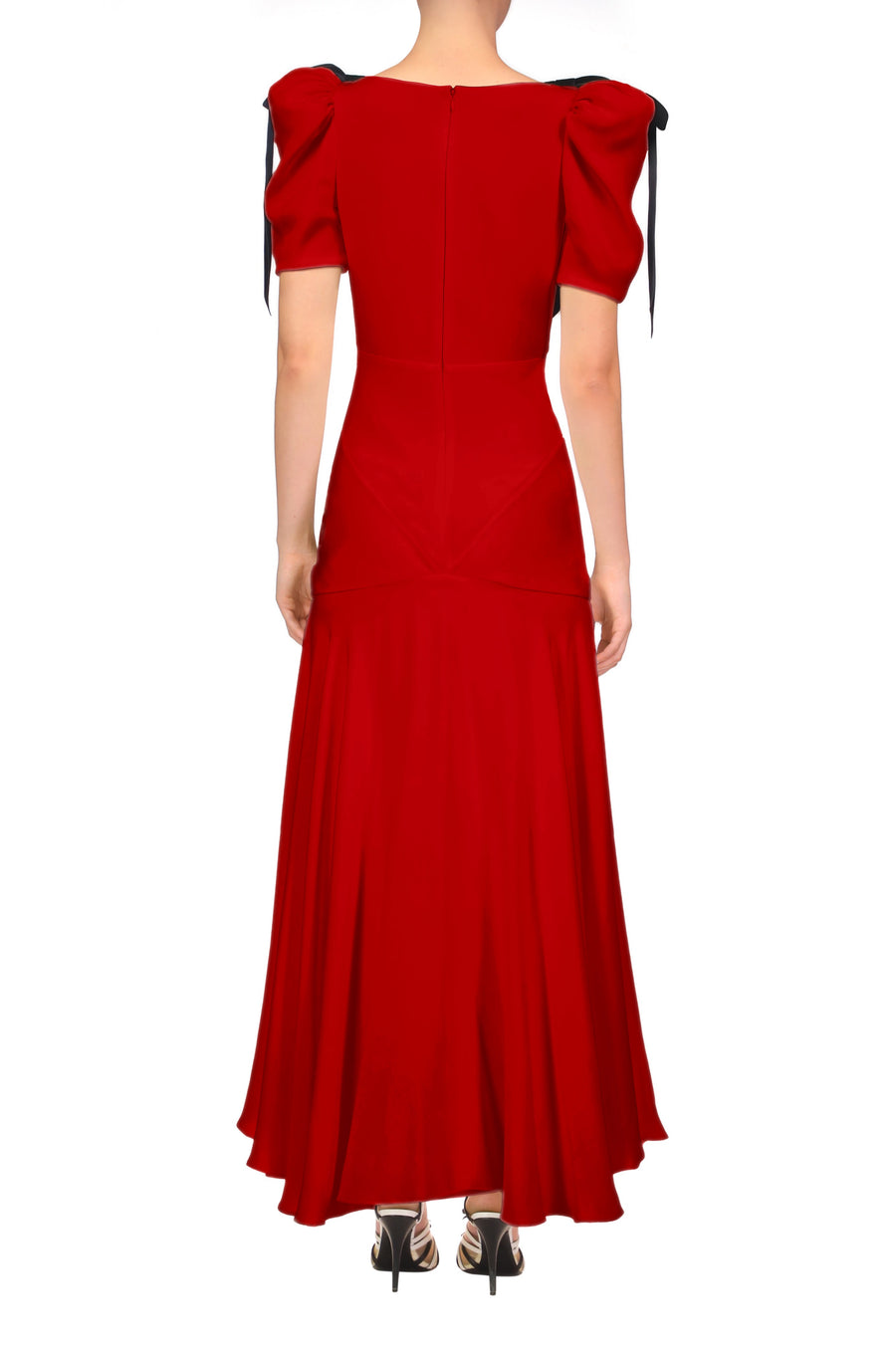 Crimson Silk Crepe Bias Dress With Velvet Ribbon Bow Details