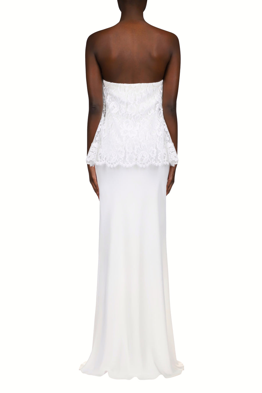 White Silk Crepe Strapless Bias Gown With White Lace Overlay