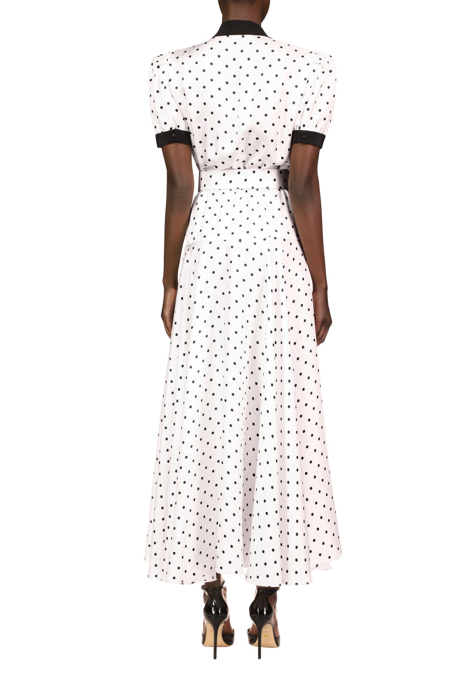 White and Black Polka Dot Silk Twill Collared Dress With Belt