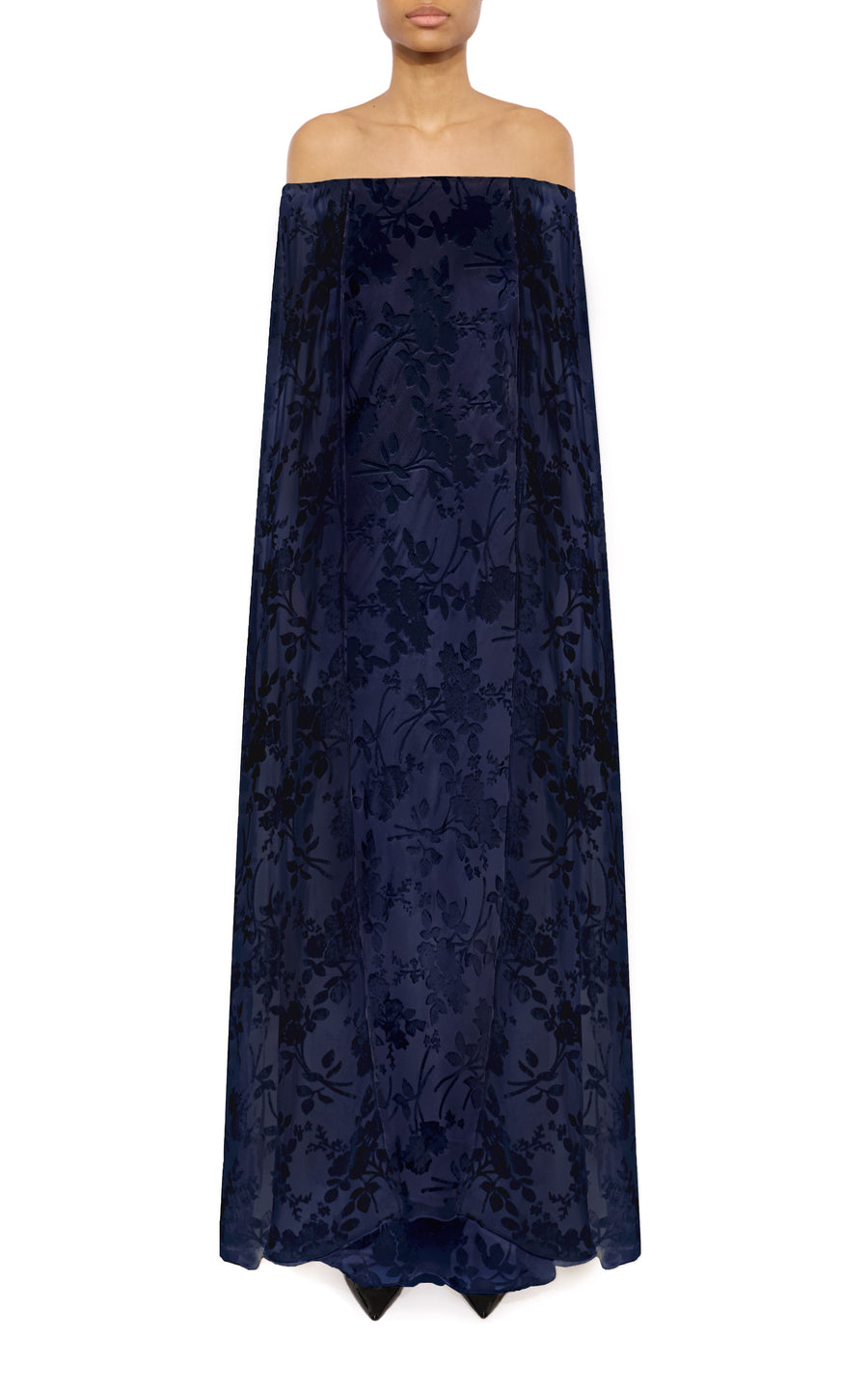 Navy Floral Velvet Devoré Off the Shoulder Cape Gown
