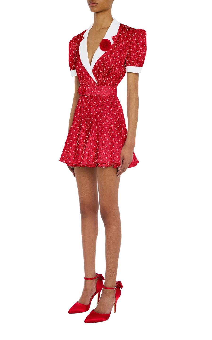 Red Heart Print Silk Twill Collared Mini Dress With Belt and Flower – Rodarte Red Heart Print Silk Twill Collared Mini Dress With Belt and Flower – Rodarte