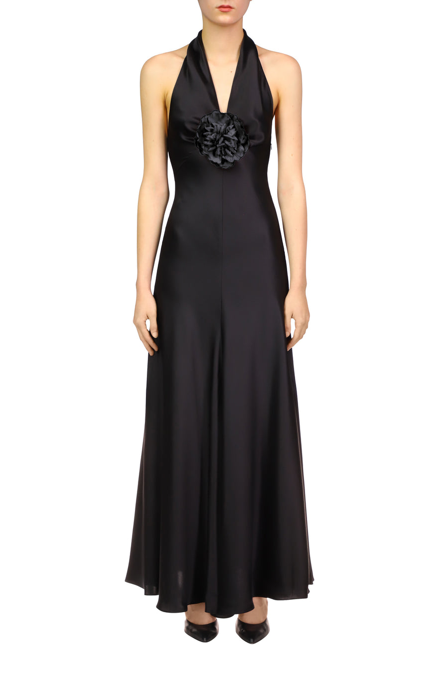 Black Silk Satin Halter Gown With Silk Flower Pin