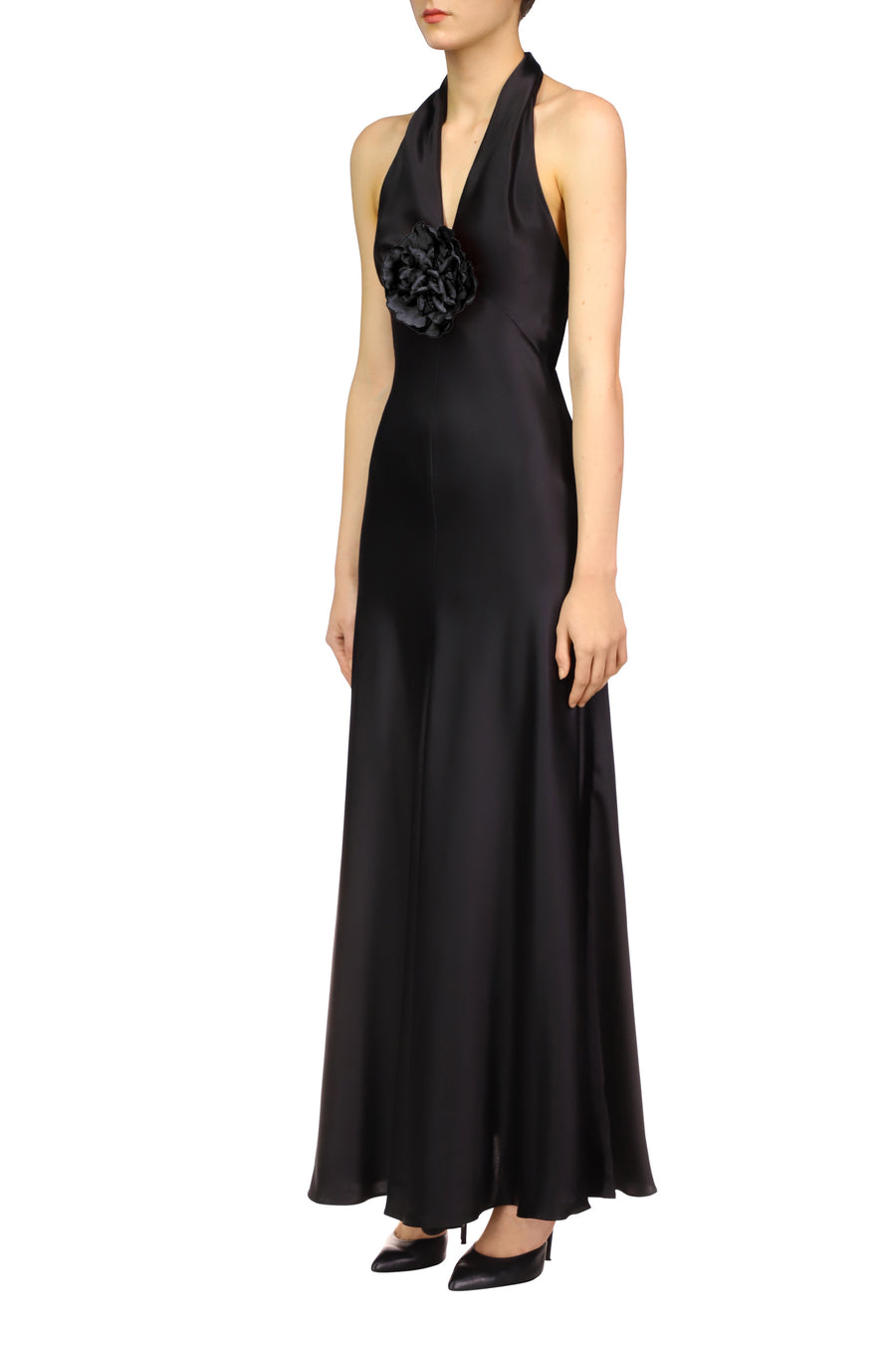 Black Silk Satin Halter Gown With Silk Flower Pin