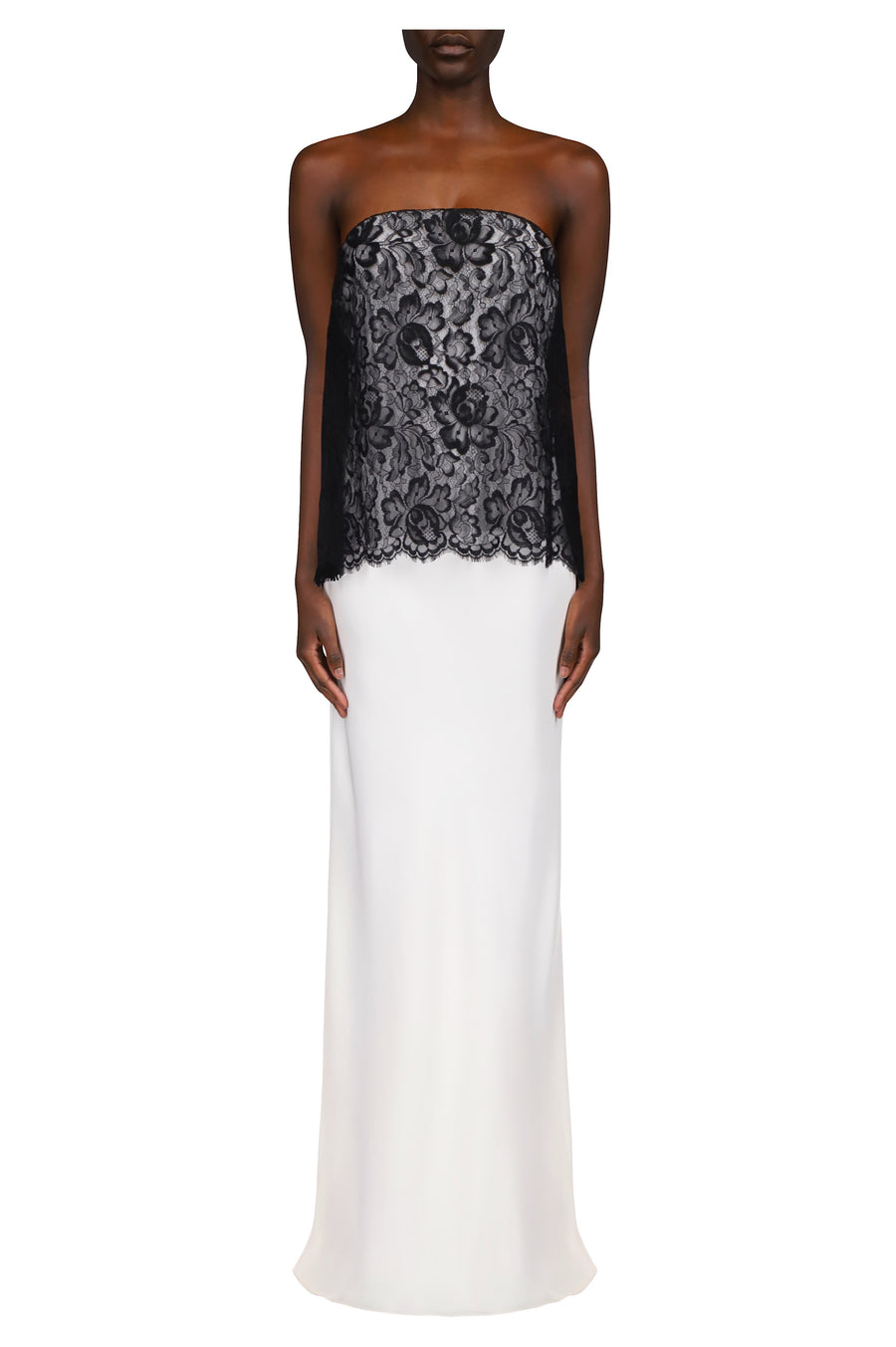 White Silk Crepe Strapless Bias Gown With Black Lace Overlay