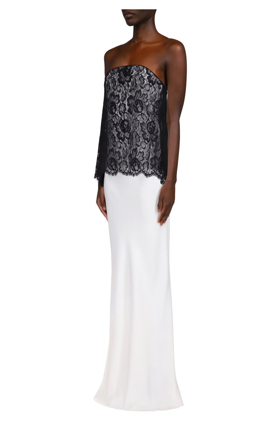 White Silk Crepe Strapless Bias Gown With Black Lace Overlay