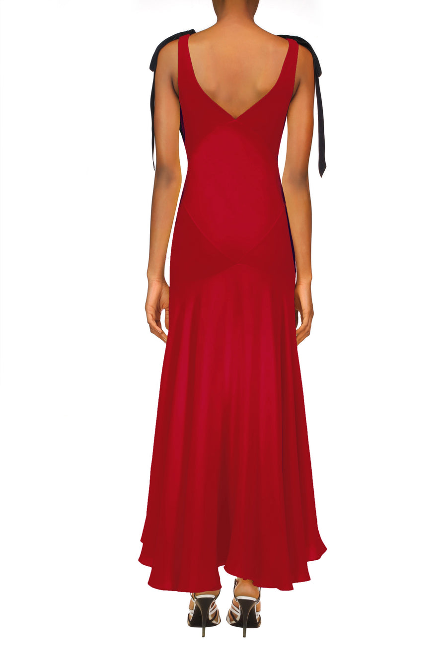 Crimson Silk Crepe Bias Dress With Black Velvet Ribbon Bow Detail