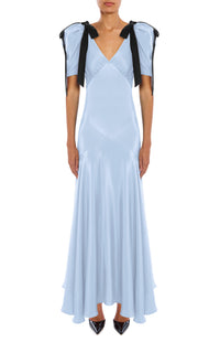 Blue Silk Crepe Bias Dress With Black Velvet Bow Detail – Rodarte