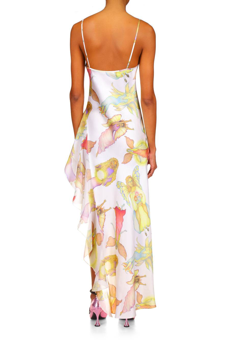 Off White Fairy Printed Silk Chiffon And Satin Asymetrical Cowl Neck Gown