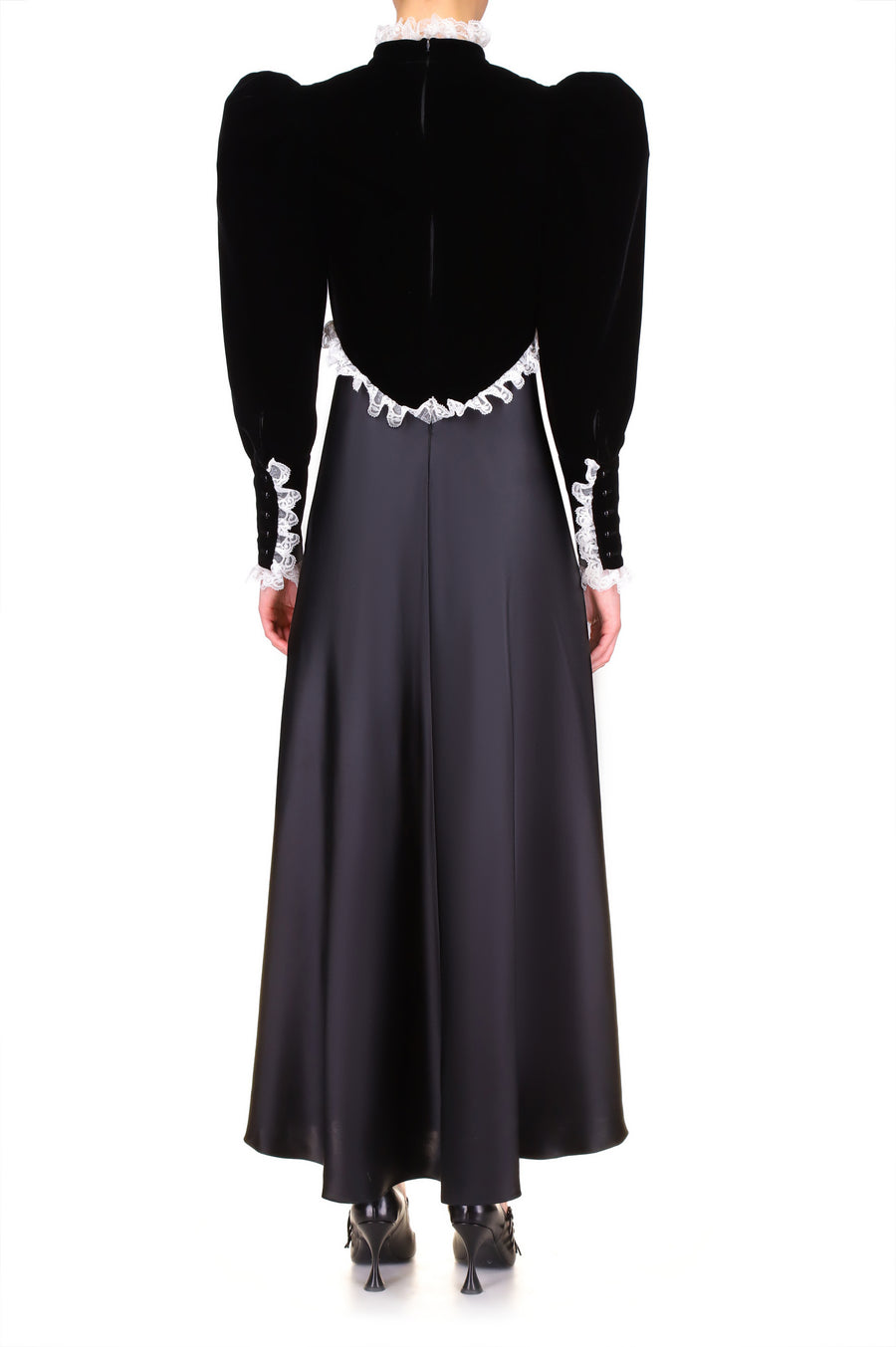Black Silk Satin & Velvet Long Sleeve Dress With Lace Detail