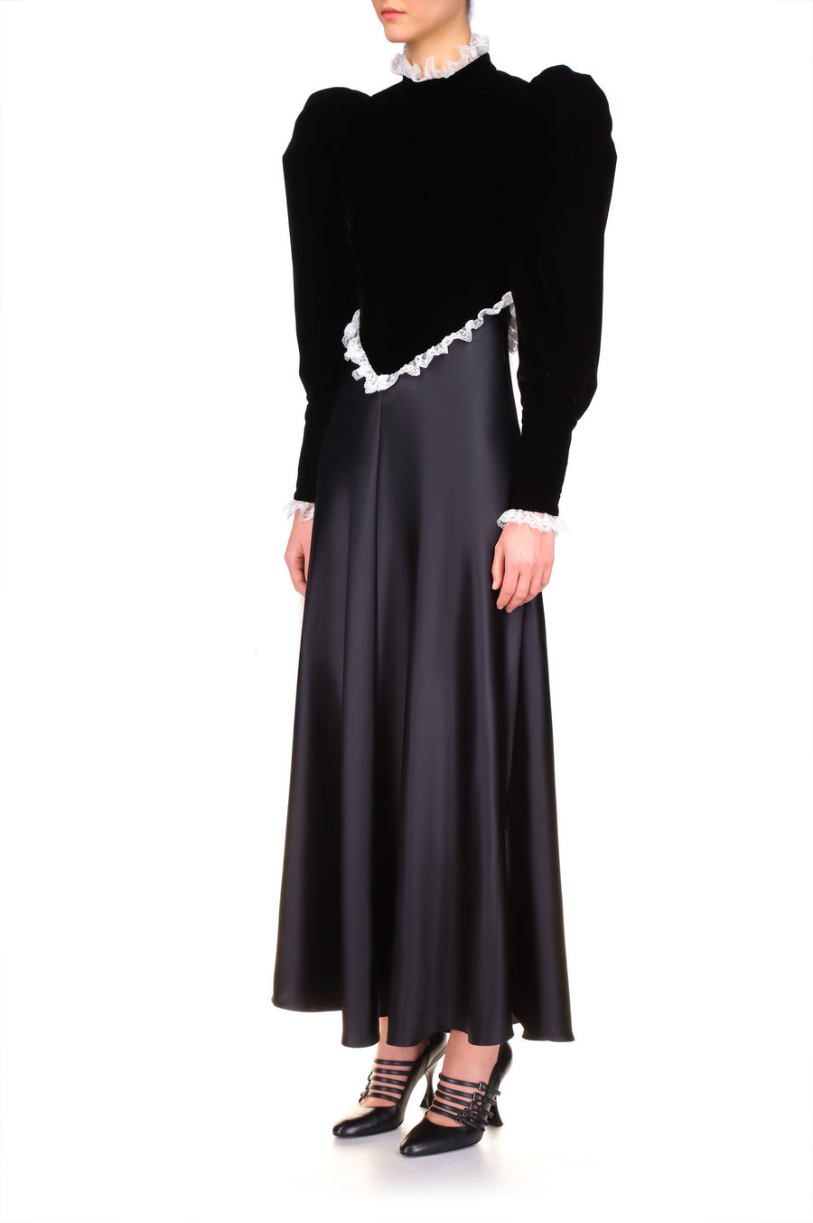 Black Silk Satin & Velvet Long Sleeve Dress With Lace Detail