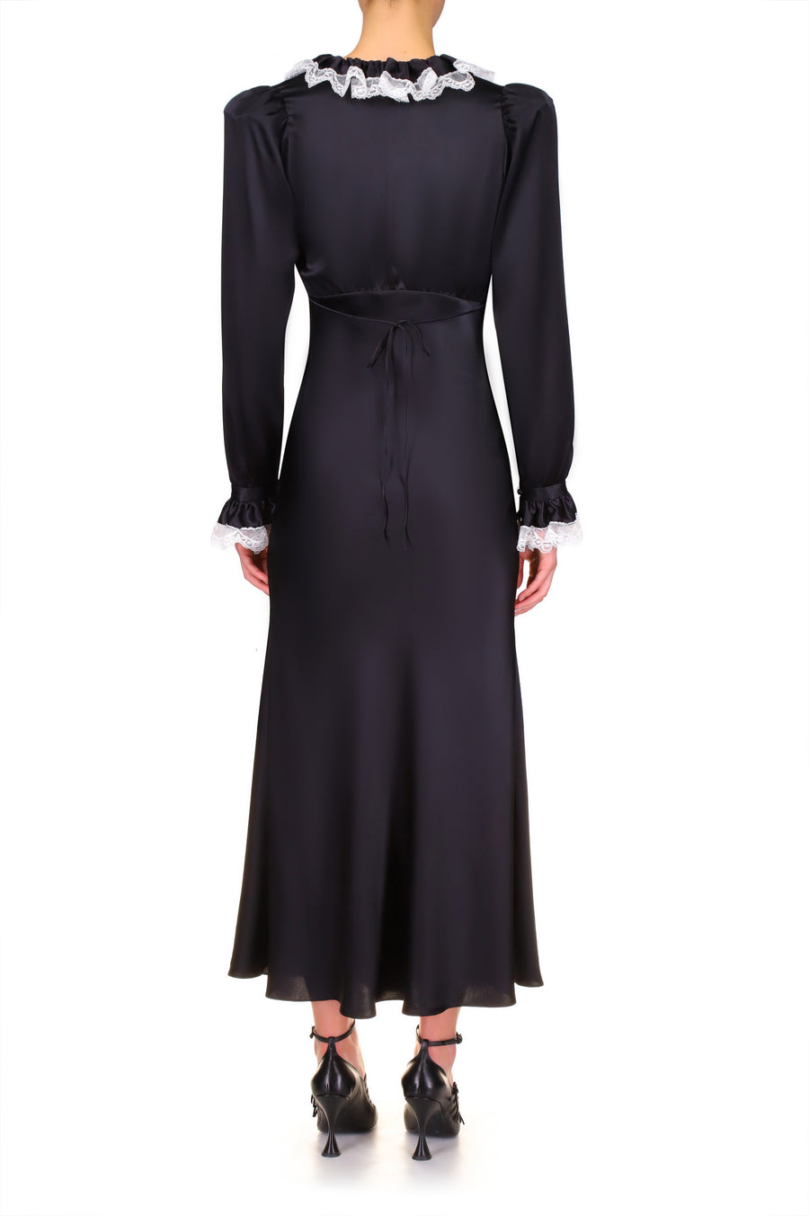 Black Silk Long Sleeve Dress With Off White Collar And Lace Trim