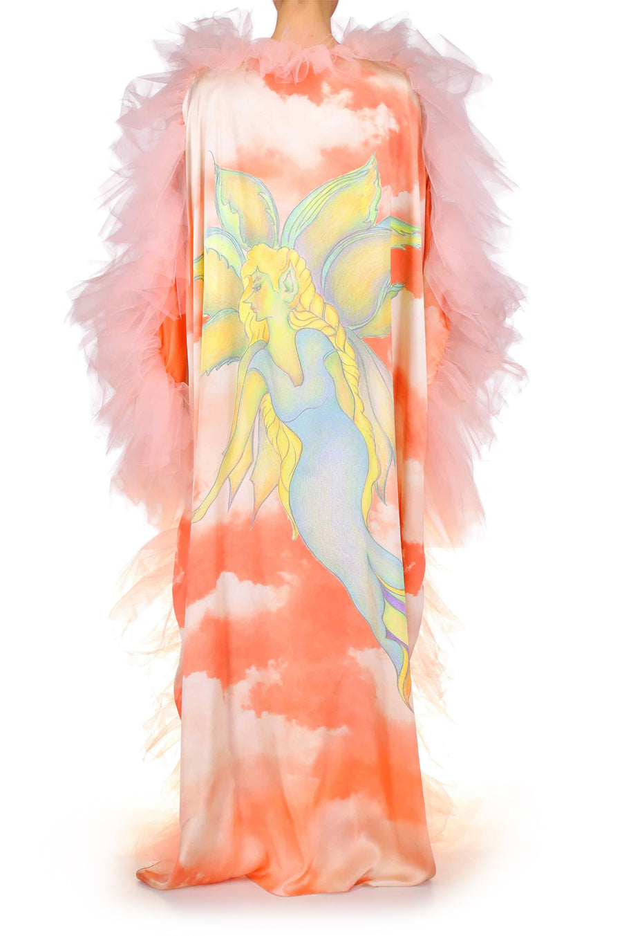 Peach Fairy Printed Silk Dress With Peach Tulle Ruffles