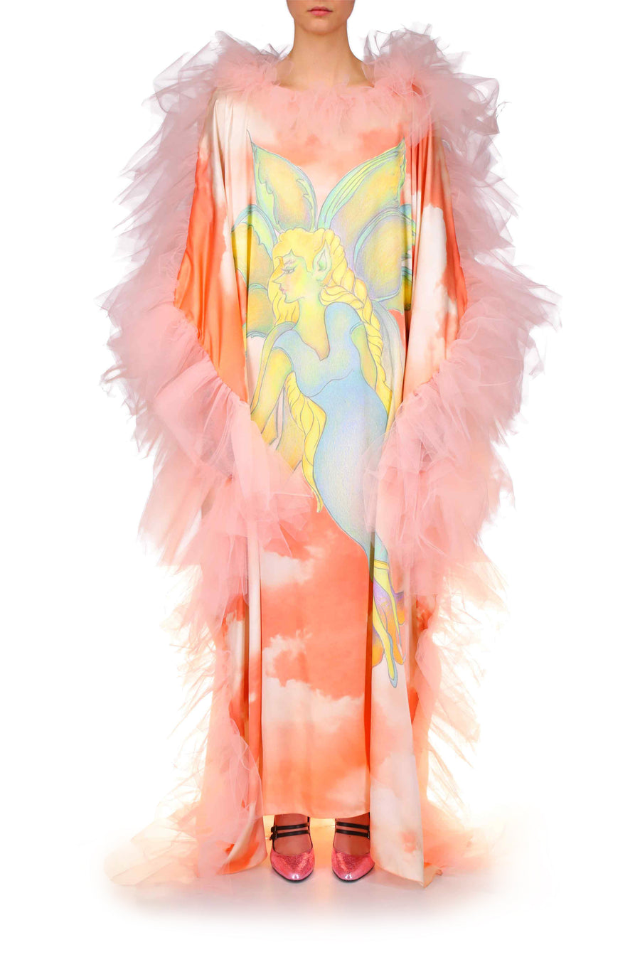 Peach Fairy Printed Silk Dress With Peach Tulle Ruffles