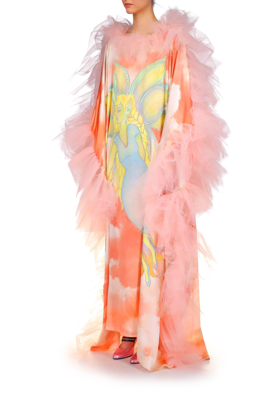 Peach Fairy Printed Silk Dress With Peach Tulle Ruffles