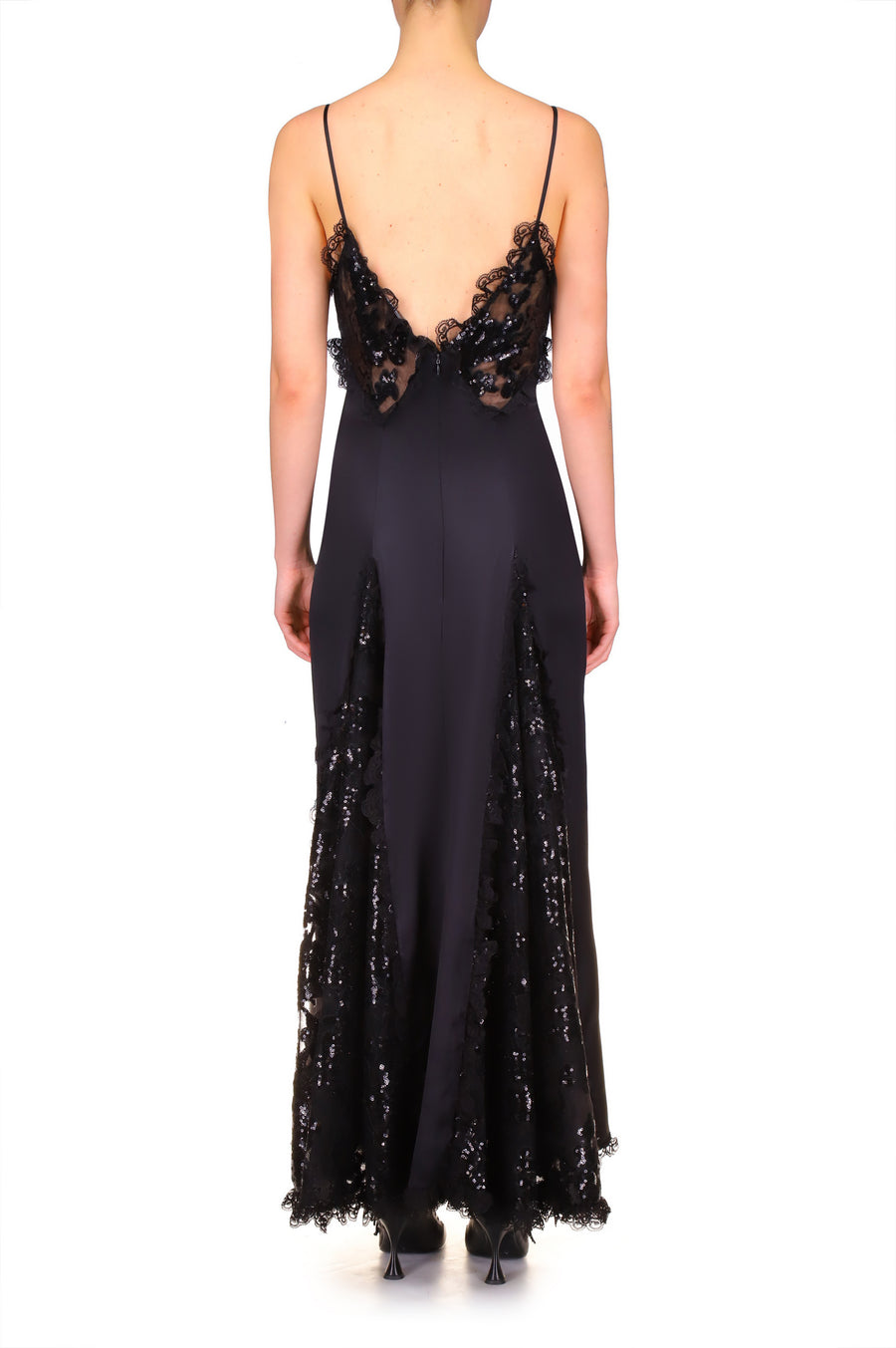 Black Silk Satin And Black Sequin Dress With Godet And Lace Ruffle