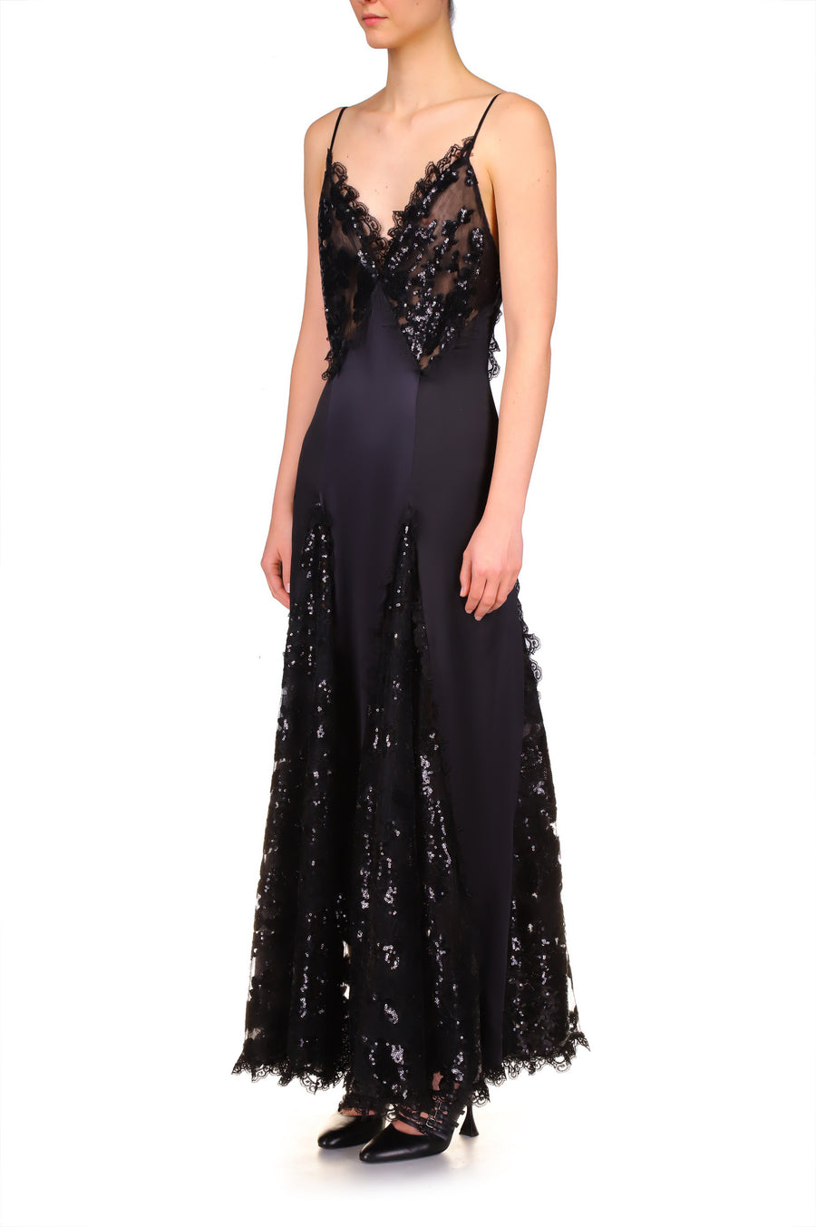 Black Silk Satin And Black Sequin Dress With Godet And Lace Ruffle