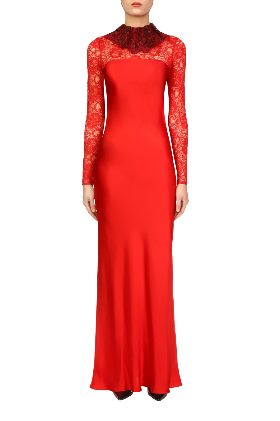 Red Silk Satin Bias Gown With Red Lace Sleeves And Collar Detail