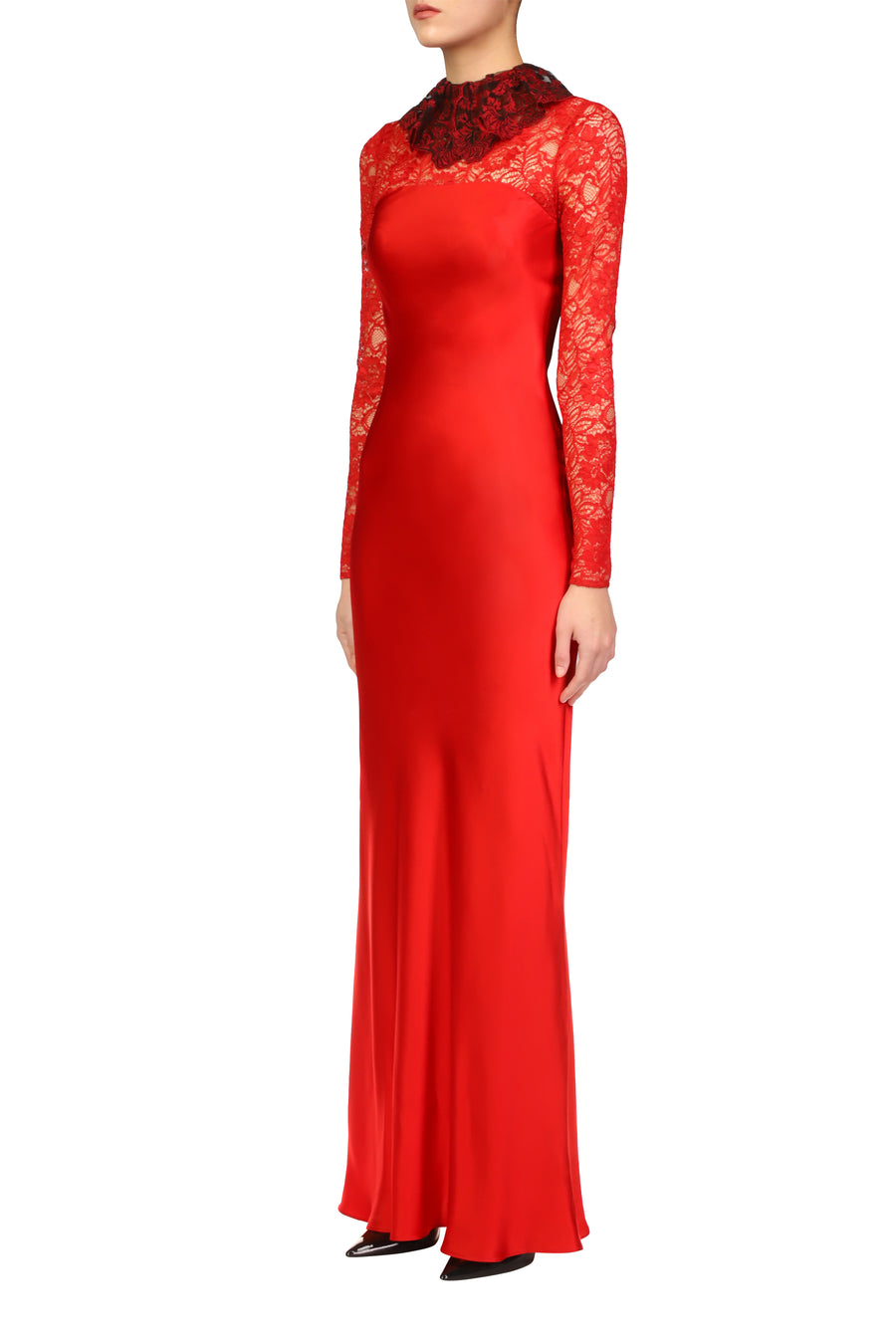 Red Silk Satin Bias Gown With Red Lace Sleeves And Collar Detail