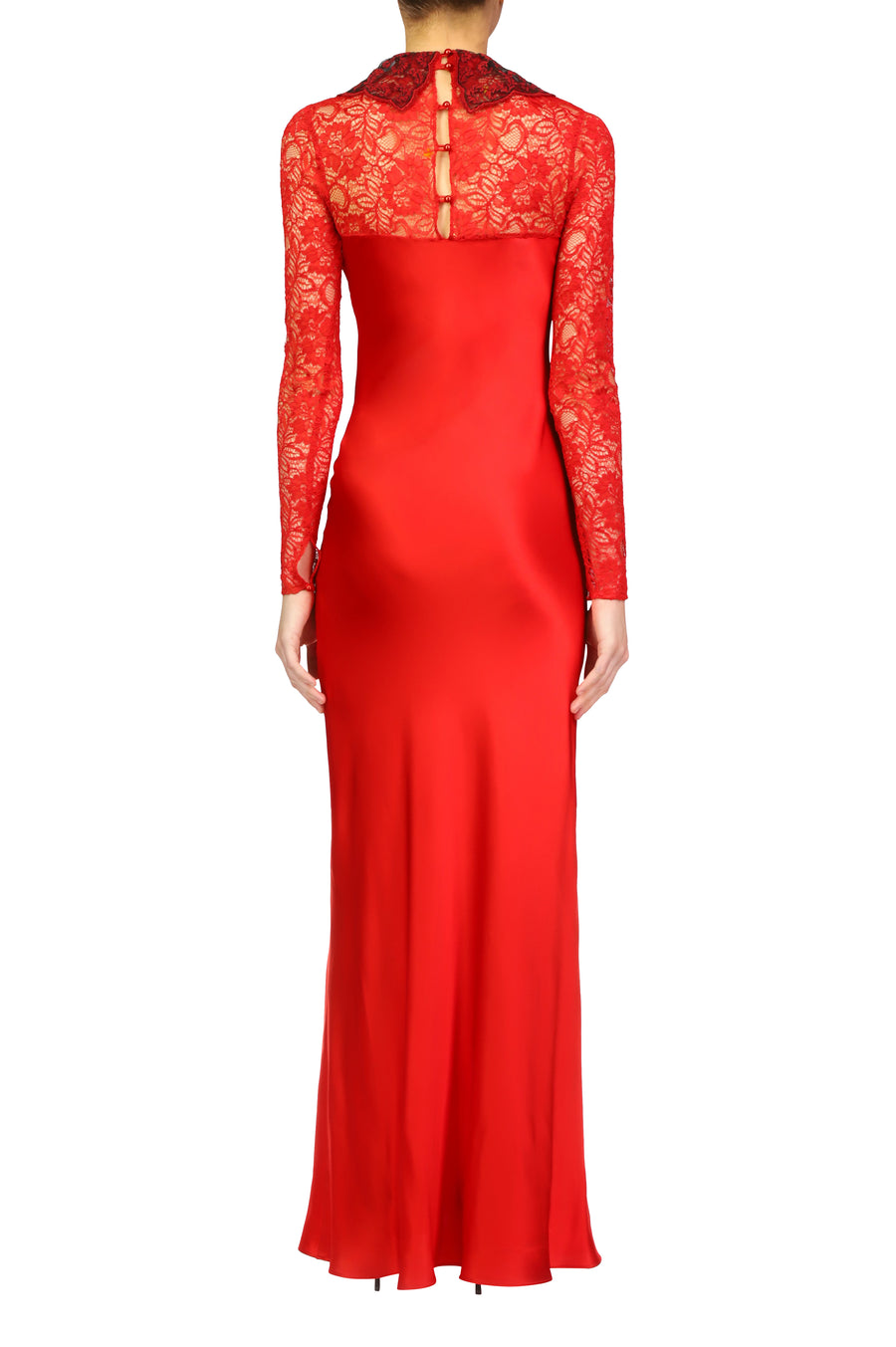 Red Silk Satin Bias Gown With Red Lace Sleeves And Collar Detail