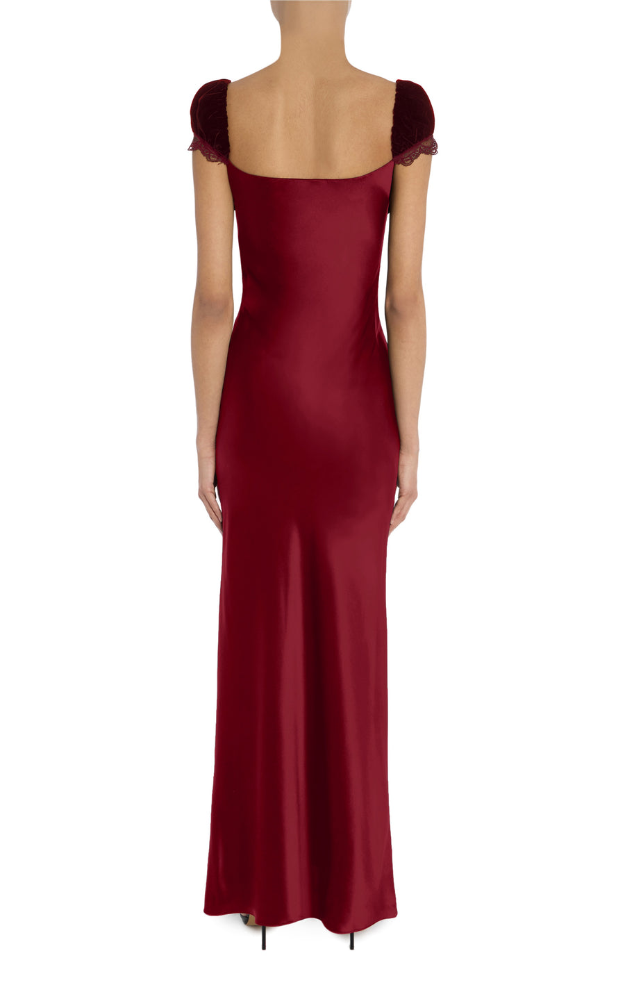Burgundy Velvet And Silk Satin Cap Sleeve Gown with Lace Trim