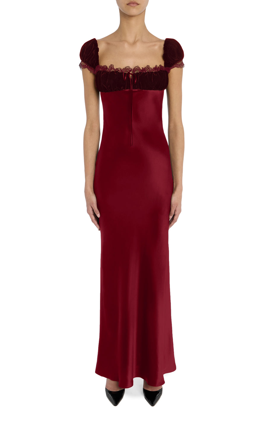 Burgundy Velvet And Silk Satin Cap Sleeve Gown with Lace Trim