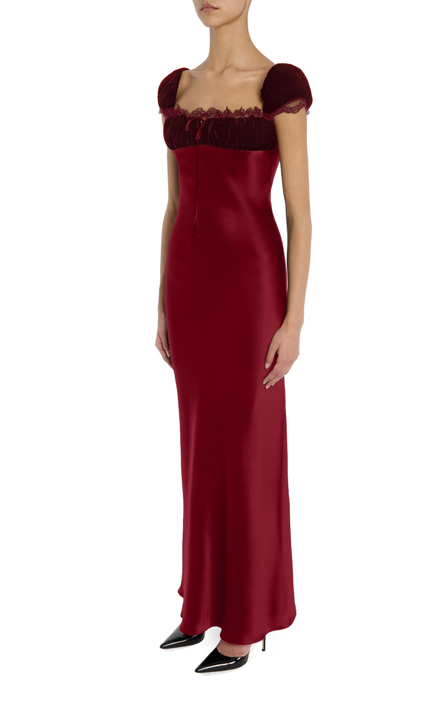 Burgundy Velvet And Silk Satin Cap Sleeve Gown with Lace Trim