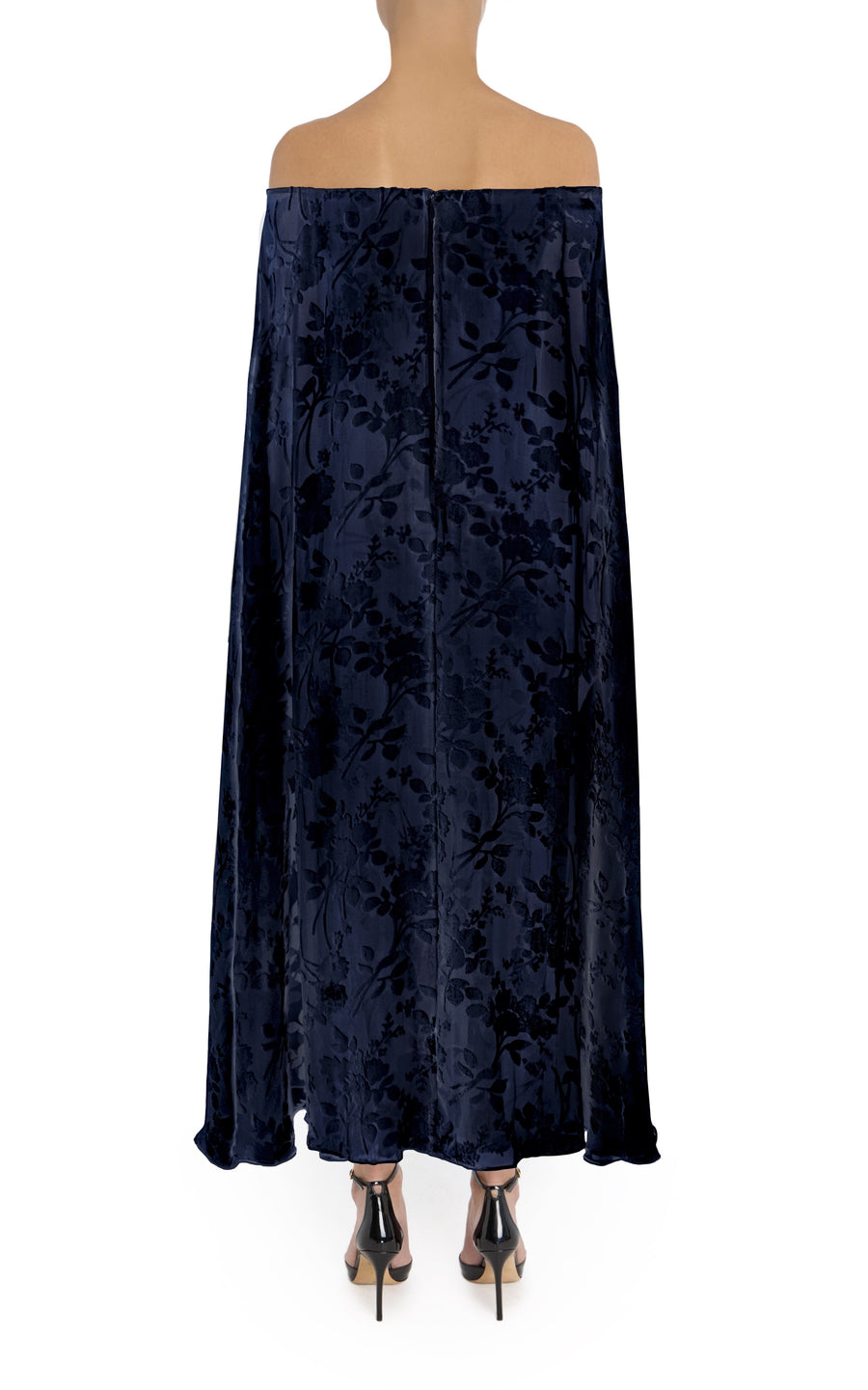 Navy Floral Velvet Devoré Off the Shoulder Cape Dress