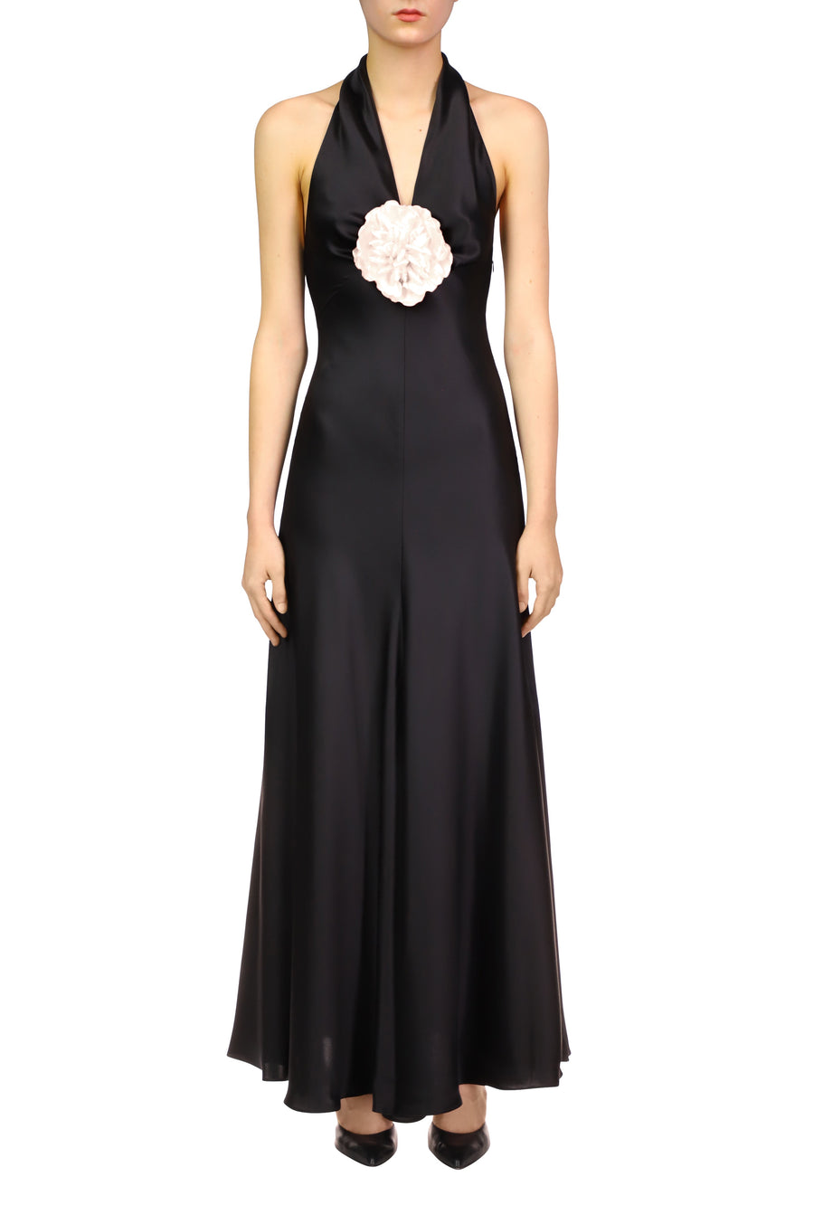 Black Silk Satin Halter Gown With Silk Flower Pin