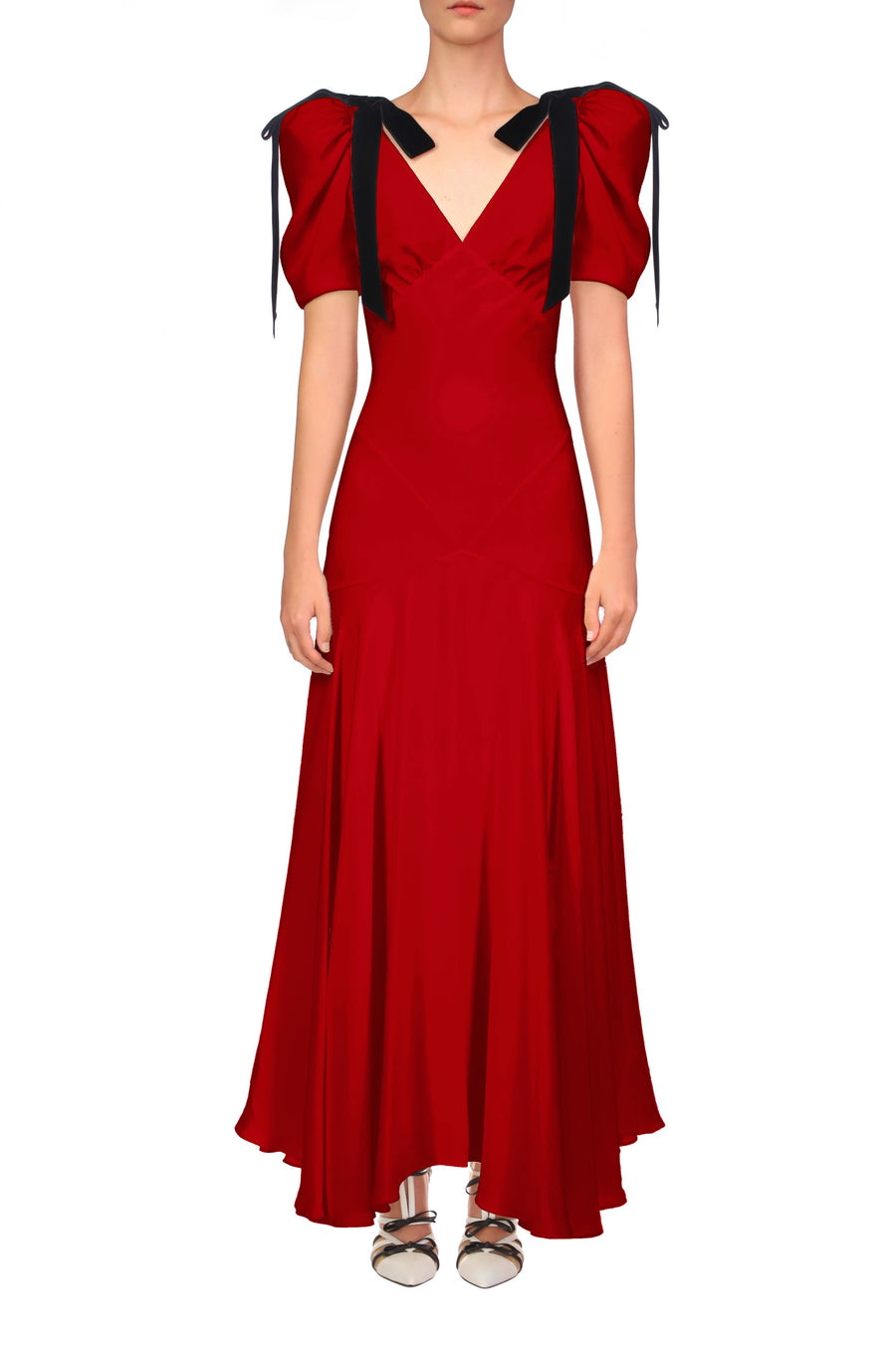 Crimson Silk Crepe Bias Dress With Velvet Ribbon Bow Details