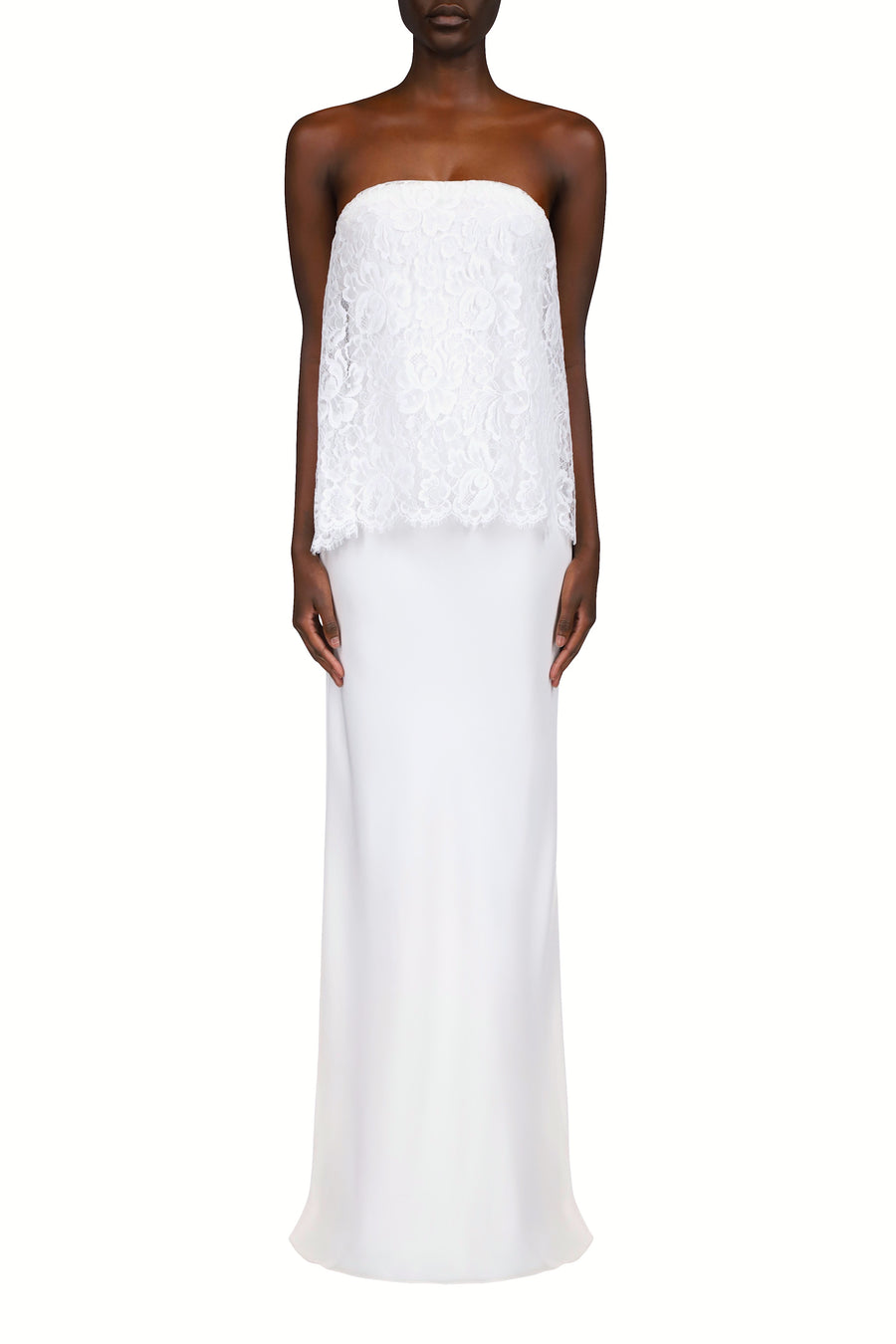 White Silk Crepe Strapless Bias Gown With White Lace Overlay