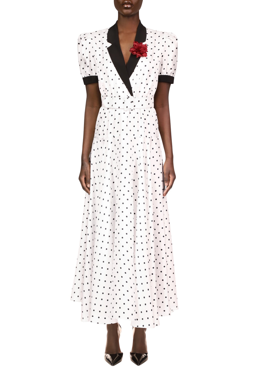 White and Black Polka Dot Silk Twill Collared Dress With Belt