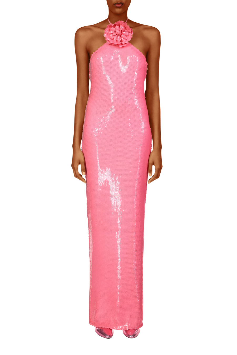 Pink Sequin Halter Gown With Flower Detail – Rodarte