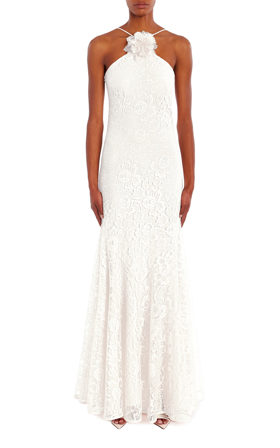 White French Levers Lace Halter Gown with Flower White French Levers Lace Halter Gown with Flower